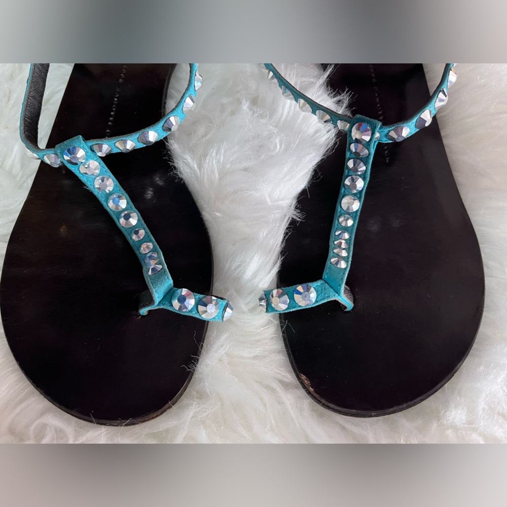 Giuseppe Zanotti Size 39 flat sandals blue suede straps adjustable ankle strap - Picture 10 of 13